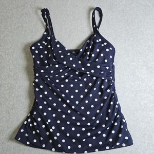 Lands End Tankini Polka dot Swim Top Size 8L Navy Blue Underwired Pool Resort
